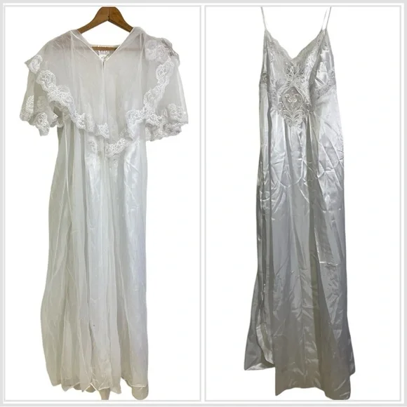 Vintage Appel Nightgown Robe Full Length Set Medium Sheer Beaded Lace White - Picture 8 of 11
